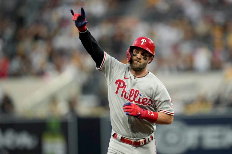 Philadelphia Phillies' Bryce Harper celebrates after a home run