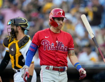 Philadelphia Phillies' Bryson Stott reacts after striking out during the fifth inning in Game 2 of the baseball NL Championship Series between the San Diego Padres and the Philadelphia Phillies on Wednesday, Oct. 19, 2022, in San Diego. (AP Photo/Gregory Bull)