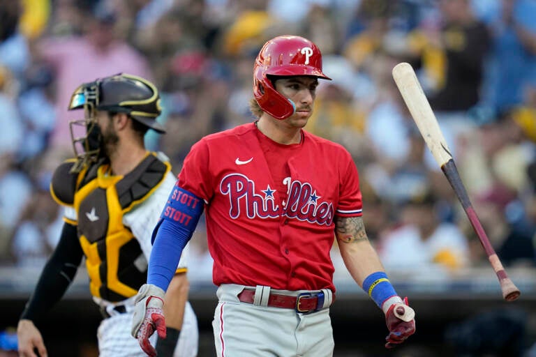 Philadelphia Phillies' Bryson Stott reacts after striking out during the fifth inning in Game 2 of the baseball NL Championship Series between the San Diego Padres and the Philadelphia Phillies on Wednesday, Oct. 19, 2022, in San Diego. (AP Photo/Gregory Bull)