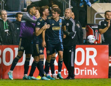Philadelphia Union's Leon Flach (center) celebrates his goal with teammates during the second half of an MLS playoff soccer match against FC Cincinnati, Thursday, Oct. 20, 2022, in Chester, Pa. (AP Photo/Chris Szagola)