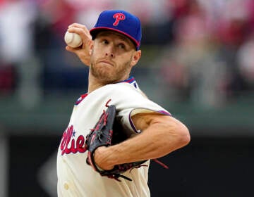 Philadelphia Phillies starting pitcher Zack Wheeler throws during the first inning in Game 5 of the baseball NL Championship Series between the San Diego Padres and the Philadelphia Phillies on Sunday, Oct. 23, 2022, in Philadelphia.