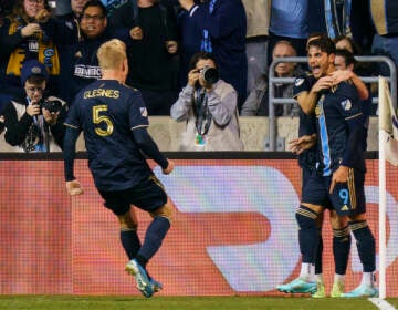 Philadelphia Union's Julian Carranza (9), right, celebrates with teammates after his goal during the second half of an MLS soccer match against New York City FC, Sunday, Oct. 30, 2022, in Chester, Pa. (AP Photo/Chris Szagola)