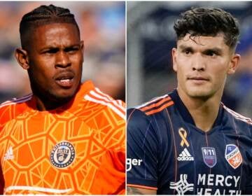 Philadelphia Union goalkeeper Andre Blake (left )and FC Cincinnati forward Brandon Vazquez. (AP Photo/Matt Slocum and Jeff Dean)