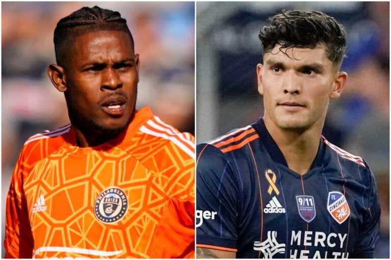 Philadelphia Union goalkeeper Andre Blake (left )and FC Cincinnati forward Brandon Vazquez. (AP Photo/Matt Slocum and Jeff Dean)