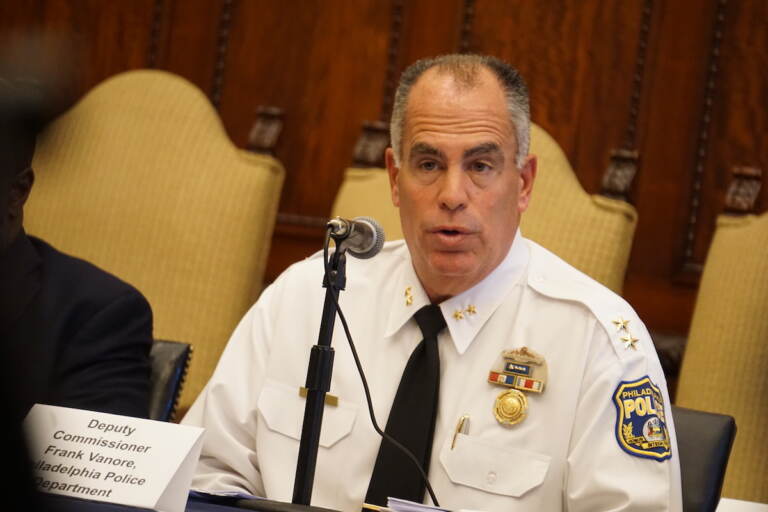 Deputy Chief Vanore provides updates on the arrest of the alleged Roxborough High School shooter. (Sam Searles/WHYY)