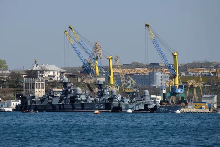Russian Black Sea fleet ships are anchored in one of the bays of Sevastopol, Crimea, on March 31, 2014. (AP Photo, File)