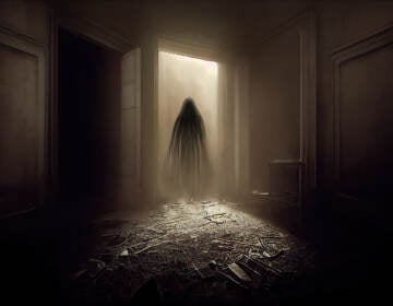 Dark ghostly figure in a doorway in abandoned room. Sepia toned, 3D digital illustration