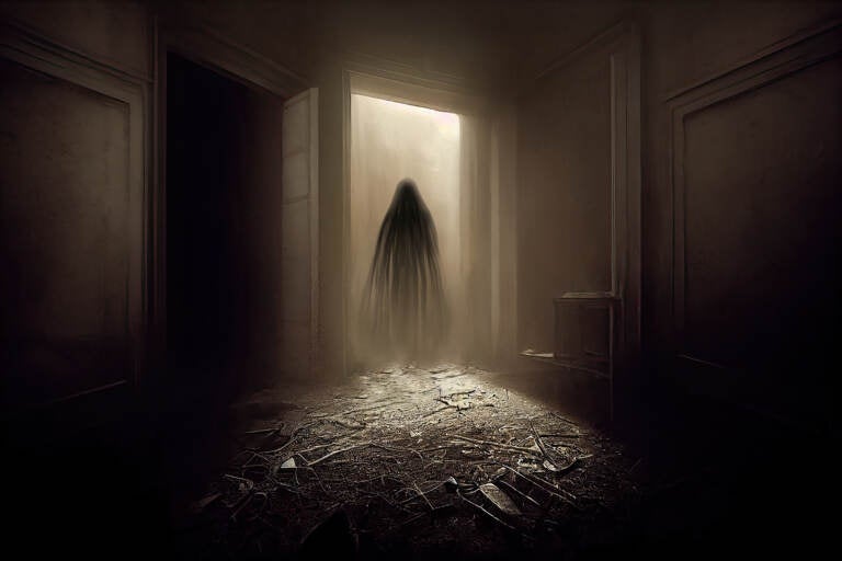 Dark ghostly figure in a doorway in abandoned room. Sepia toned, 3D digital illustration