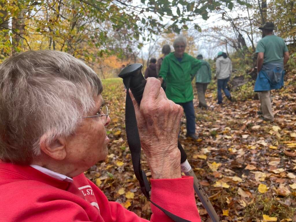 A close-up of a woman, sitting down. People are walking through the forest behind her.