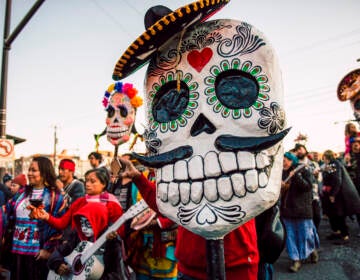 A close-up of a decorated skull for Día de los Muertos.