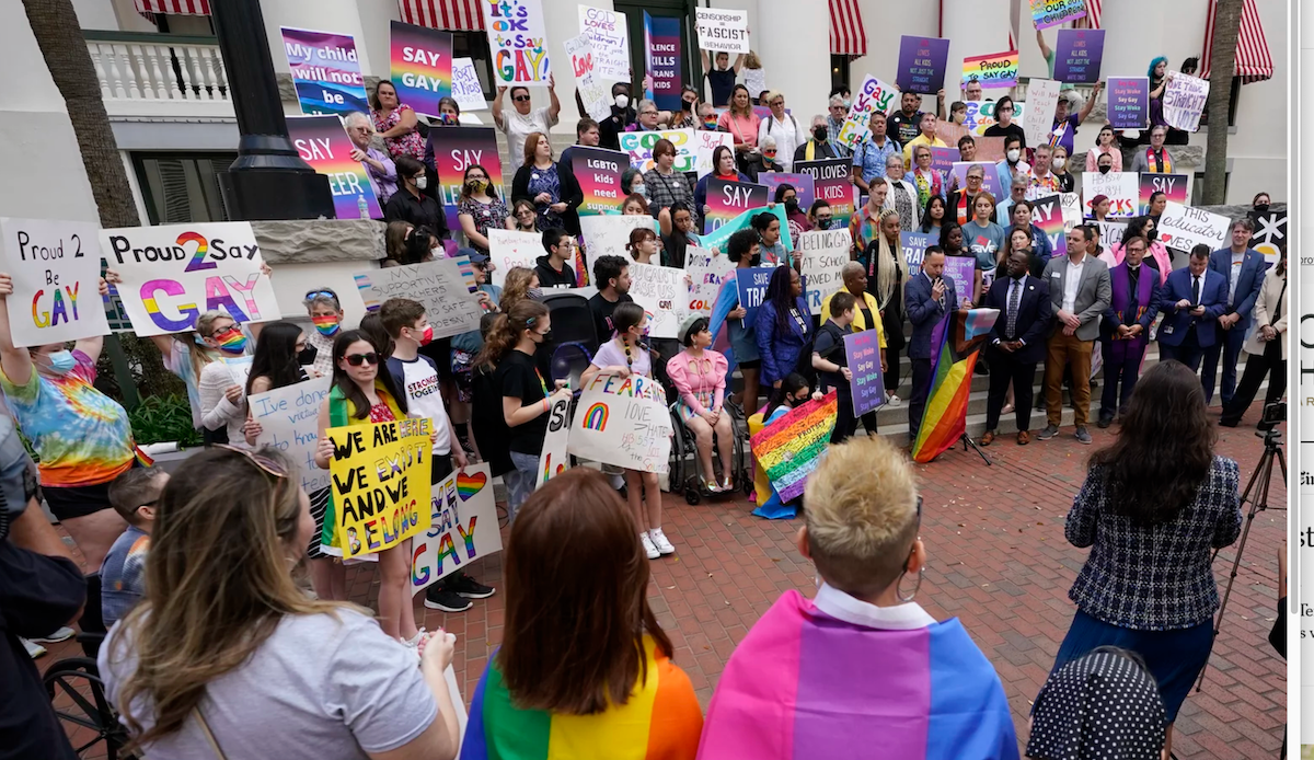 Demonstrators gather on the steps of the Florida Historic Capitol Museum in front of the Florida State Capitol in March in Tallahassee, Fla, protesting what opponents call the 'Don't Say Gay' bill. (Wilfredo Lee/AP)