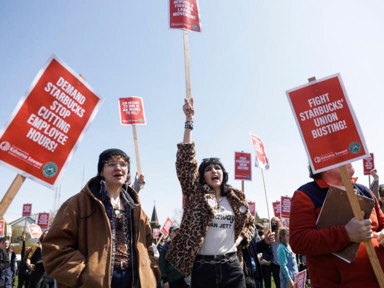 People hold up red picket signs.