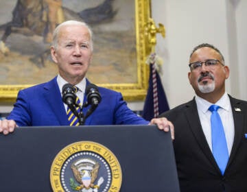 President Biden speaks during a news conference with Miguel Cardona, U.S. secretary of education. (Bonnie Cash/Bloomberg via Getty Images)