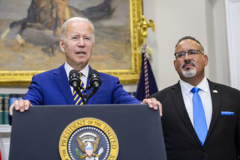 President Biden speaks during a news conference with Miguel Cardona, U.S. secretary of education. (Bonnie Cash/Bloomberg via Getty Images)