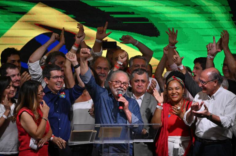 Luiz Inácio Lula da Silva speaks after winning the presidential runoff election in São Paulo on Sunday. (Nelson Almeida/AFP / Getty Images)