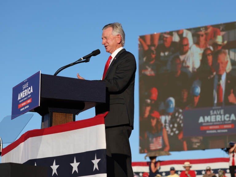 U.S. Sen. Tommy Tuberville (R-Ala.) speaks during a campaign rally at Minden-Tahoe Airport on Saturday in Minden, Nevada. (Justin Sullivan/Getty Images)