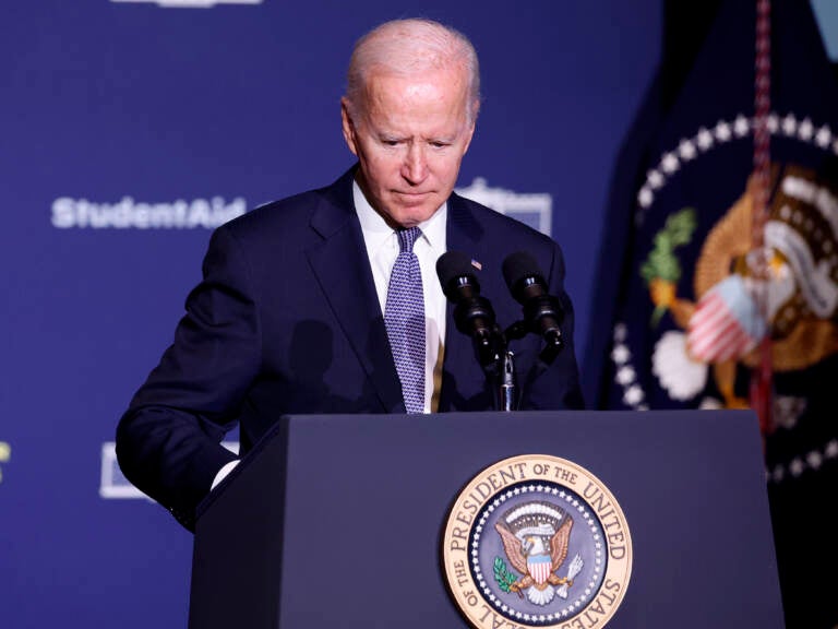 President Biden speaks about student debt relief at Delaware State University in Dover on Friday. (Anna Moneymaker/Getty Images)