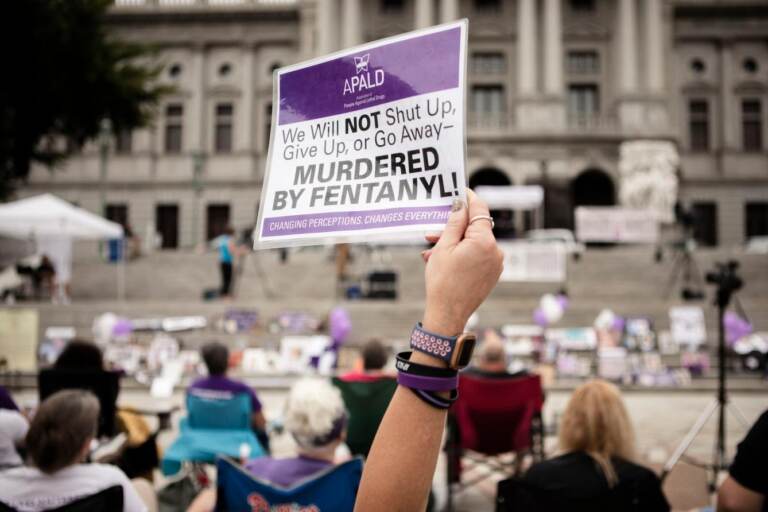 A person holds up a sign in a crowd.