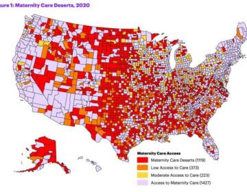 This map from the nonprofit March of Dimes shows maternity care deserts across the U.S. in 2020. (March of Dimes/US Health Resources and Services Administration.)
