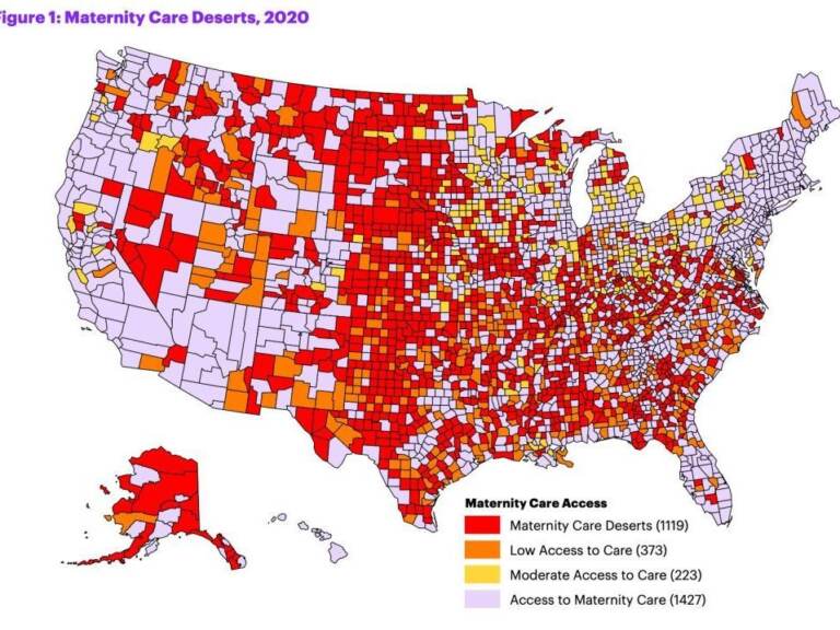 This map from the nonprofit March of Dimes shows maternity care deserts across the U.S. in 2020. (March of Dimes/US Health Resources and Services Administration.)