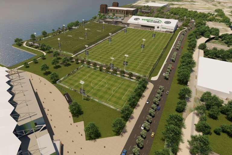 A rendering of the Philadelphia Union's WSFS Bank Sportsplex, viewed from Subaru Park. (OSPORTS)