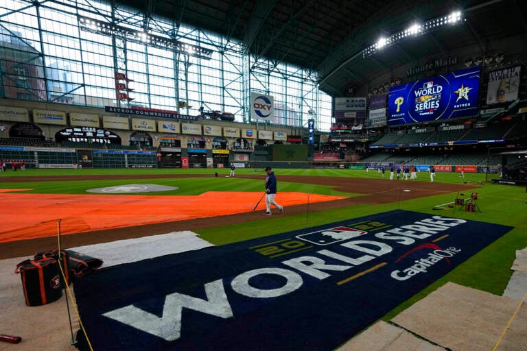 A close-up of the World Series 2022 sign on the baseball field at Minute Maid Park in Houston.