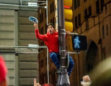 A Phillies fan is high up on a pole that was greased.