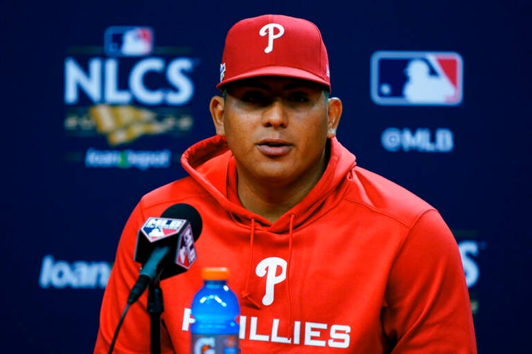 Phillies player Ranger Suarez speaks at a press conference.
