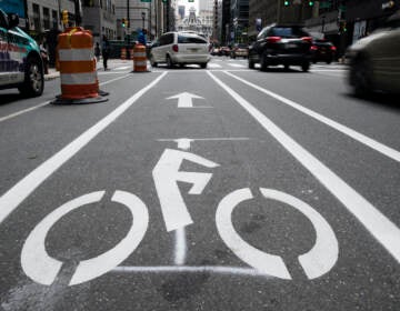 A bicycle lane along Market Street in Philadelphia.