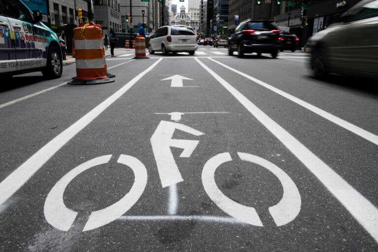 A bicycle lane along Market Street in Philadelphia.