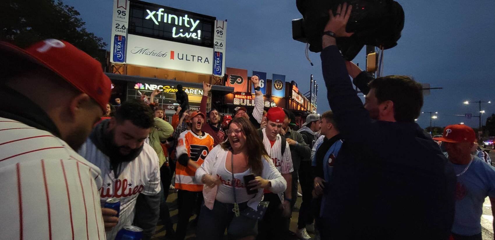 Fans celebrated outside of Xfinity Live! the second the Phillies clinched the NLCS on Oct. 23, 2022.