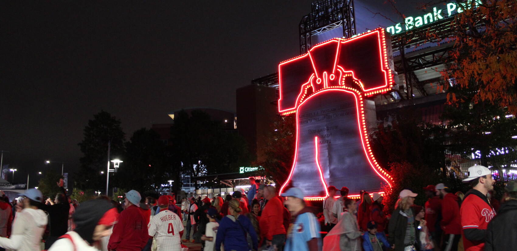 People celebrate outside of Citizens Bank Park.