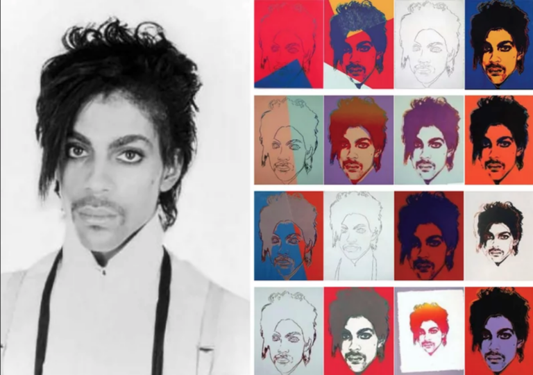 A portrait of Prince taken by Lynn Goldsmith (left) in 1981 and 16 silk-screened images Andy Warhol later created using the photo as a reference. A Federal District Court judge found that Warhol's series is 'transformative' because it conveys a different message from the original, and thus is fair use. A Second Circuit Court of Appeals panel disagreed.
(Collection of the Supreme Court of the United States)