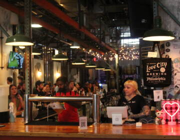 People gather around a bar. A sign reads Love City Brewing.