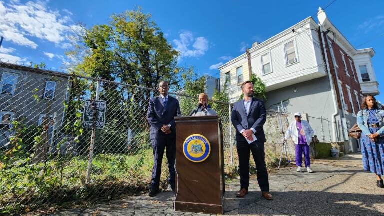 Council President Darrell Clarke and Cindy Bass stand in front one of 'thousands of trees' Bass says will be removed by program. (Tom MacDonald/WHYY)