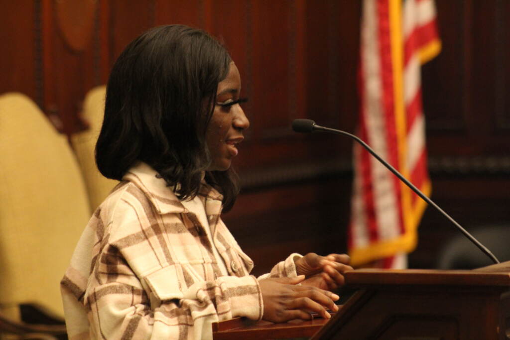 A person stands at a podium and speaks into a microphone.