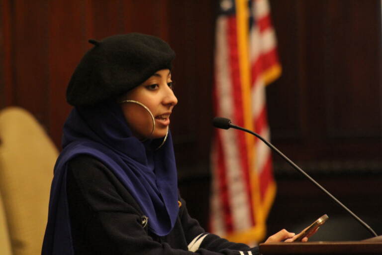 A person stands at a podium and speaks into a microphone.