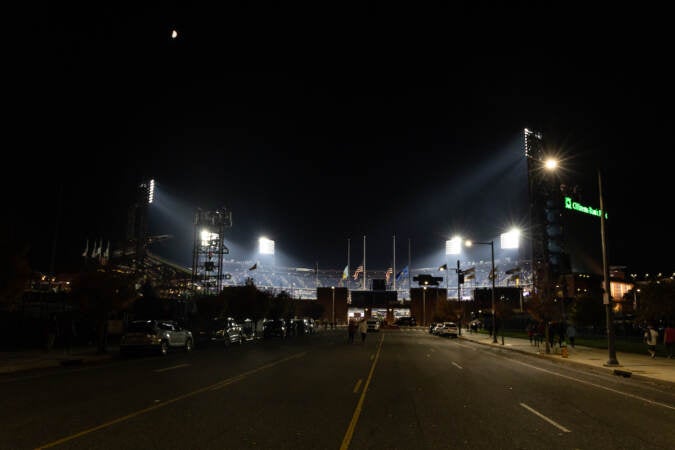 Clear skies and moonlight above game 3 of the World Series at Citizens Bank Park on November 1, 2022. (Kimberly Paynter/WHYY)