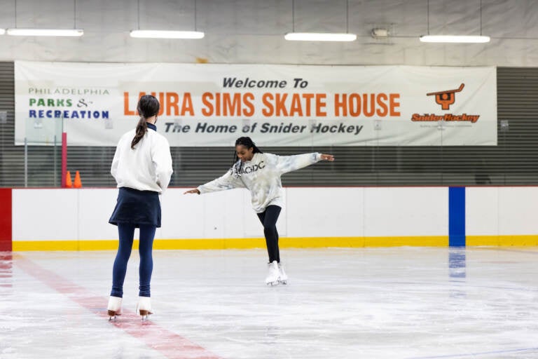 Gwendolyn Roth, 12, (left) and Keyara Cottrell, 14, are students in Laura Sims Skate House’s Wednesday Advanced Skills skating class. (Kimberly Paynter/WHYY)