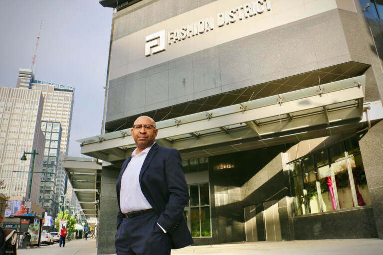 Former Philadelphia Mayor Michael A. Nutter at the entrance to the Fashion District at 10th and Market streets,. (Emma Lee/WHYY)