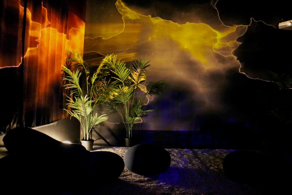 Orange and yellow lights flow over darkened walls. A few plants are lit up from a bright white light placed below them.