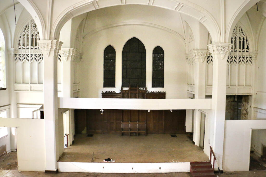 A view from above of a sanctuary of an old church.