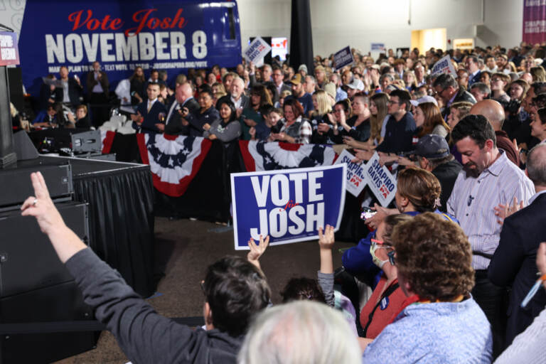 Supporters of Josh Shapiro celebrate as election results trickle in on election night, November 8, 2022. (Kimberly Paynter/WHYY)