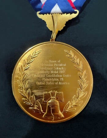 Ukraine President Volodymyr Zelenskyy received the 2022 Liberty Medal from the National Constitution Center for ''his heroic defense of liberty in the face of Russian tyranny.'' (Courtesy of the National Constitution Center)