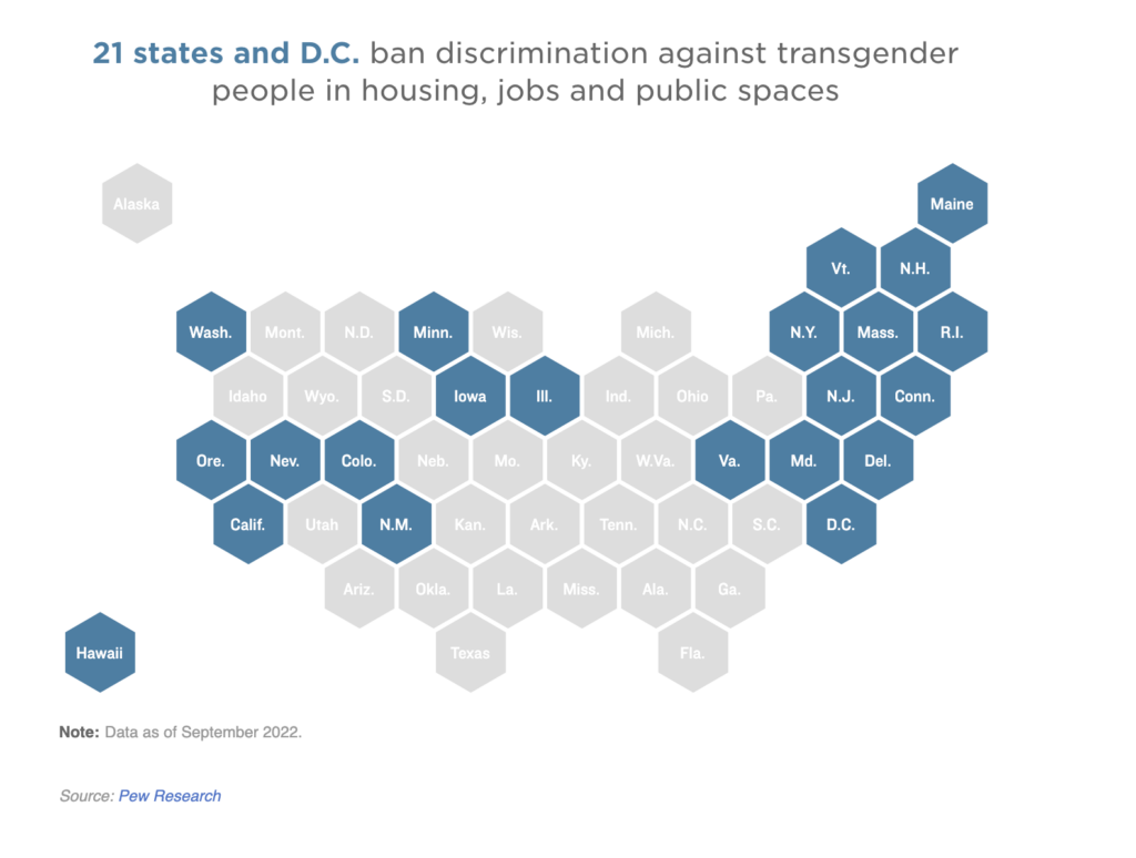 A map shows that 21 states and D.C. ban discrimination against transgender people in housing jobs, and public spaces