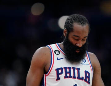 File photo: Philadelphia 76ers guard James Harden walks on the court in the first half of an NBA basketball game against the Washington Wizards, Monday, Oct. 31, 2022, in Washington. (AP Photo/Patrick Semansky)