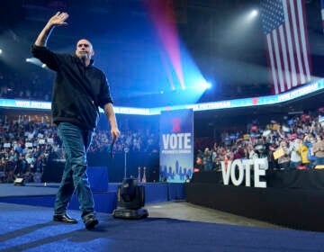 Democratic Senate candidate Lt. Gov. John Fetterman waves as he walks on stage during a campaign rally Saturday, Nov. 5, 2022, in Philadelphia. (AP Photo/Patrick Semansky)