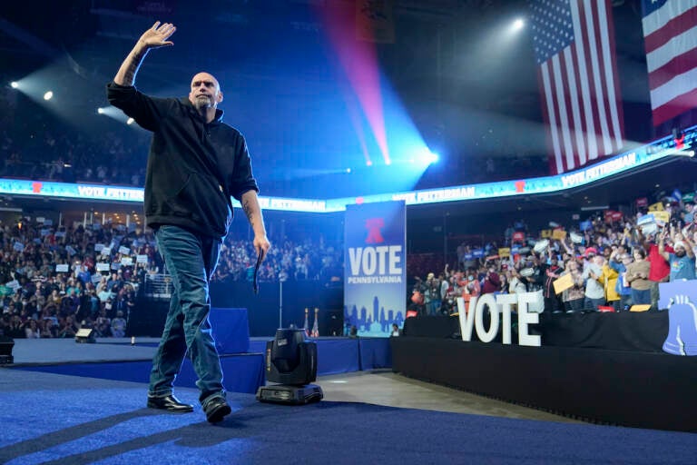 Democratic Senate candidate Lt. Gov. John Fetterman waves as he walks on stage during a campaign rally Saturday, Nov. 5, 2022, in Philadelphia. (AP Photo/Patrick Semansky)