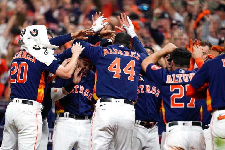 Houston Astros' Yordan Alvarez celebrates his three-run home run during the sixth inning in Game sixth of baseball's World Series between the Houston Astros and the Philadelphia Phillies on Saturday, Nov. 5, 2022, in Houston. (AP Photo/Tony Gutierrez)