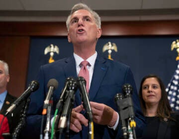 House Minority Leader Kevin McCarthy, of Calif., talks the media, Tuesday, Nov. 15, 2022, after voting on top House Republican leadership positions, on Capitol Hill in Washington. Rep. Elise Stefanik, R-N.Y., is at right. (AP Photo/Jacquelyn Martin)